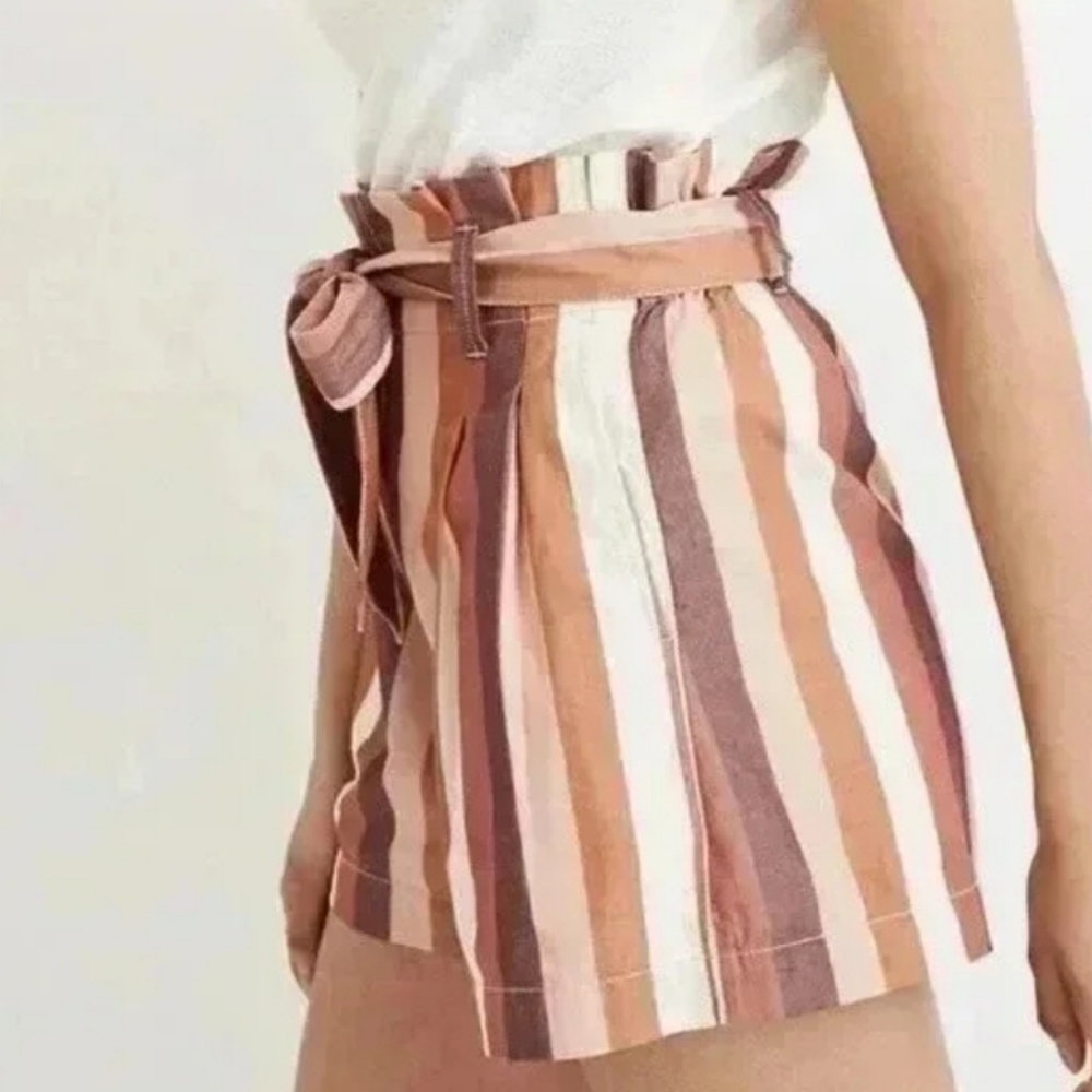 Madewell Blush tan Ivory viscose cotton linen striped paper bag waist shorts 4 - Picture 7 of 8